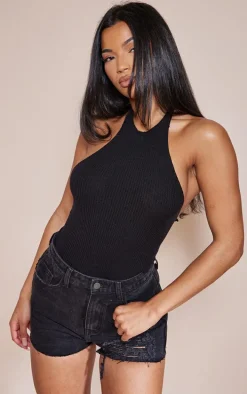 PRETTYLITTLETHING Washed Black Ripped Denim Mom Shorts