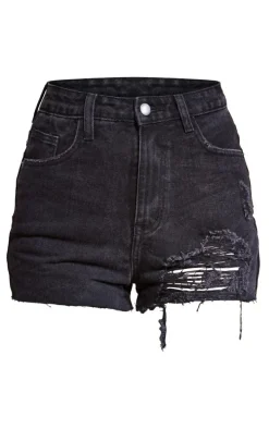 PRETTYLITTLETHING Washed Black Ripped Denim Mom Shorts