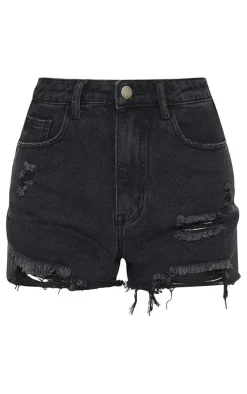 PRETTYLITTLETHING Washed Black Denim Ripped Shorts