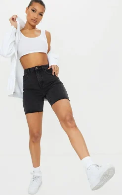 PRETTYLITTLETHING Washed Black Longline Fitted Denim Shorts