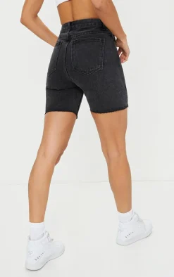 PRETTYLITTLETHING Washed Black Longline Fitted Denim Shorts