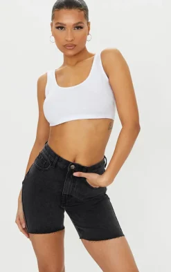 PRETTYLITTLETHING Washed Black Longline Fitted Denim Shorts