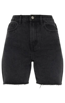 PRETTYLITTLETHING Washed Black Longline Fitted Denim Shorts