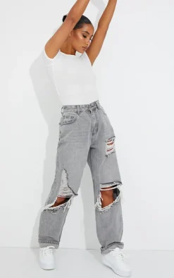 PRETTYLITTLETHING Washed Grey Open Knee Ripped Turn Up Boyfriend Jeans