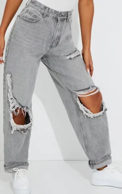 PRETTYLITTLETHING Washed Grey Open Knee Ripped Turn Up Boyfriend Jeans