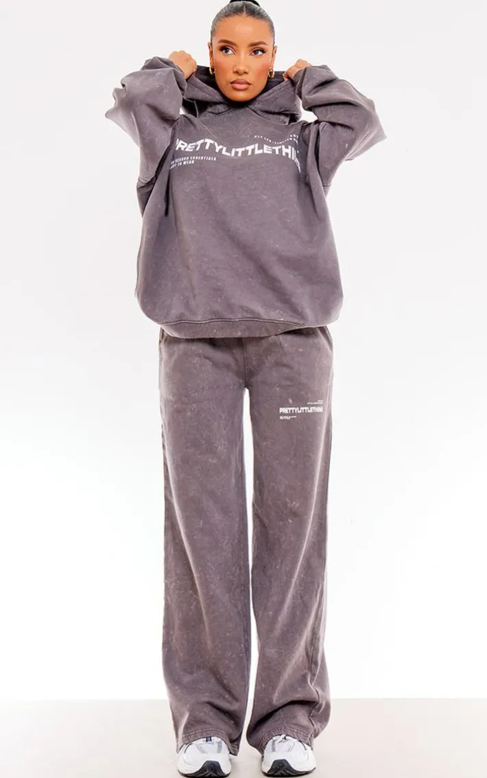 PRETTYLITTLETHING Washed Charcoal Print Oversized Wide Leg Sweatpants