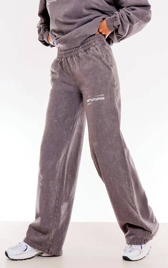PRETTYLITTLETHING Washed Charcoal Print Oversized Wide Leg Sweatpants