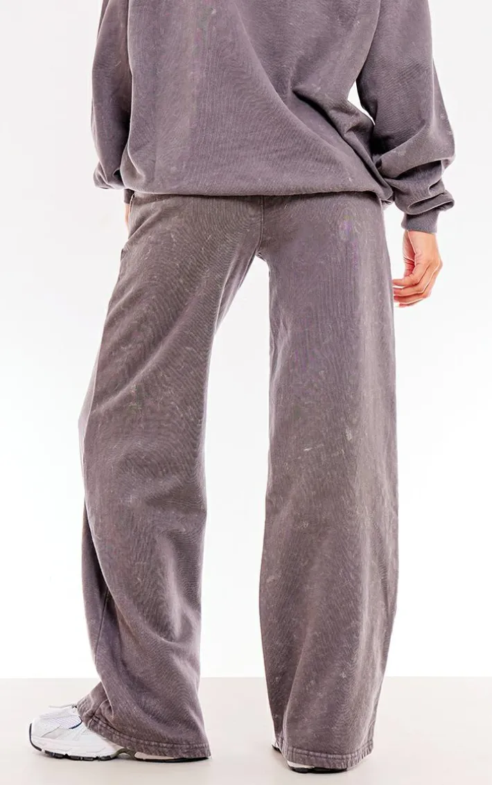 PRETTYLITTLETHING Washed Charcoal Print Oversized Wide Leg Sweatpants