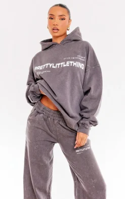 PRETTYLITTLETHING Washed Charcoal Print Washed Oversized Hoodie