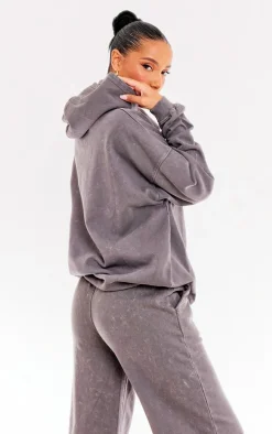 PRETTYLITTLETHING Washed Charcoal Print Washed Oversized Hoodie