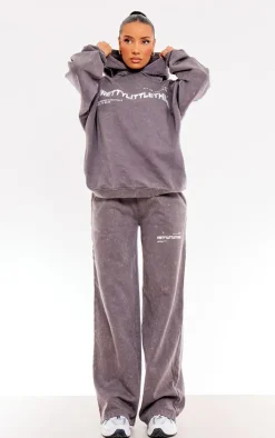 PRETTYLITTLETHING Washed Charcoal Print Washed Oversized Hoodie