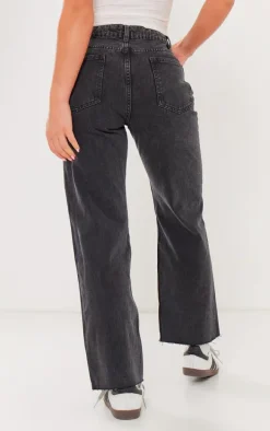 PRETTYLITTLETHING Washed Black Raw Hem Ankle Grazers Distressed Straight Leg Jeans