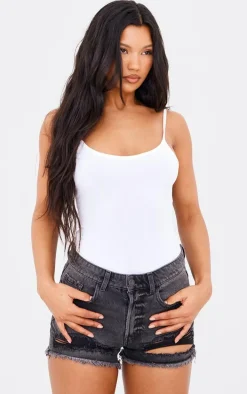 PRETTYLITTLETHING Washed Black Distressed Mid Rise Basic Denim Shorts