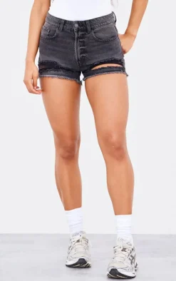 PRETTYLITTLETHING Washed Black Distressed Mid Rise Basic Denim Shorts