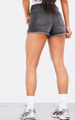 PRETTYLITTLETHING Washed Black Distressed Mid Rise Basic Denim Shorts
