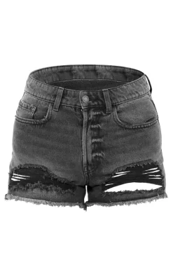 PRETTYLITTLETHING Washed Black Distressed Mid Rise Basic Denim Shorts