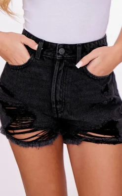 PRETTYLITTLETHING Washed Black Distressed High Rise Basic Denim Shorts