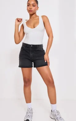PRETTYLITTLETHING Washed Black Turn Up Mom Denim Shorts