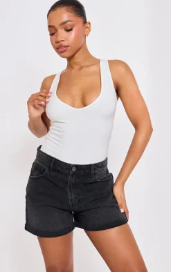 PRETTYLITTLETHING Washed Black Turn Up Mom Denim Shorts