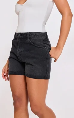 PRETTYLITTLETHING Washed Black Turn Up Mom Denim Shorts
