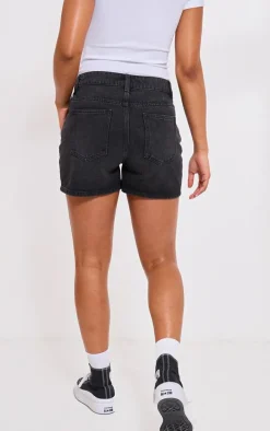 PRETTYLITTLETHING Washed Black Mom Denim Shorts