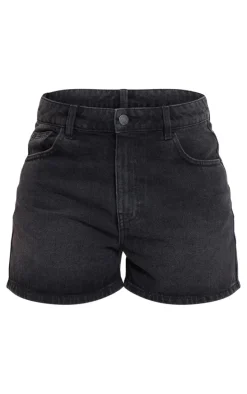 PRETTYLITTLETHING Washed Black Mom Denim Shorts