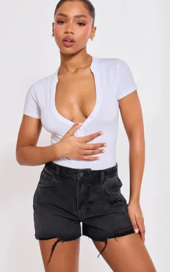 PRETTYLITTLETHING Washed Black Distressed High Rise Mom Denim Shorts