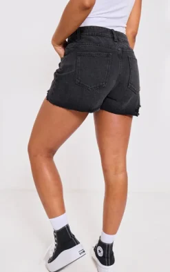 PRETTYLITTLETHING Washed Black Distressed High Rise Mom Denim Shorts