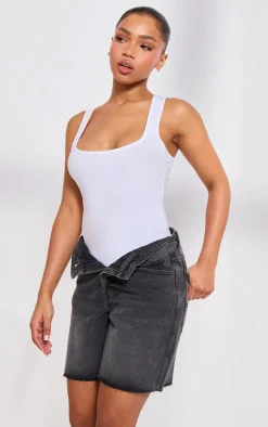 PRETTYLITTLETHING Washed Black Raw Hem Longline Loose Fit Denim Shorts
