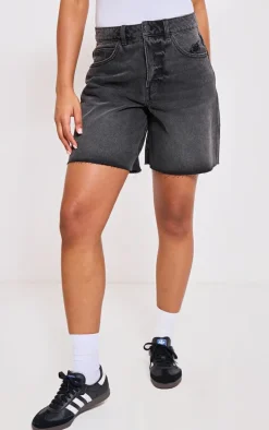 PRETTYLITTLETHING Washed Black Raw Hem Longline Loose Fit Denim Shorts