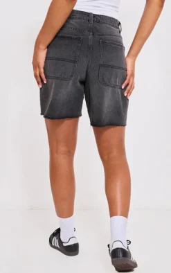 PRETTYLITTLETHING Washed Black Raw Hem Longline Loose Fit Denim Shorts