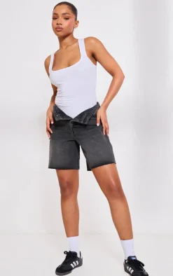 PRETTYLITTLETHING Washed Black Raw Hem Longline Loose Fit Denim Shorts