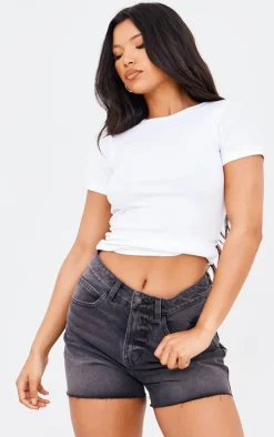 PRETTYLITTLETHING Washed Black Raw Hem Boyfriend Denim Shorts