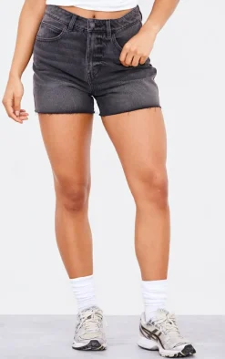 PRETTYLITTLETHING Washed Black Raw Hem Boyfriend Denim Shorts