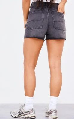 PRETTYLITTLETHING Washed Black Raw Hem Boyfriend Denim Shorts