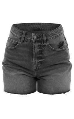 PRETTYLITTLETHING Washed Black Raw Hem Boyfriend Denim Shorts