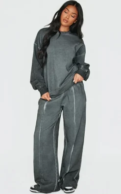 PRETTYLITTLETHING Washed Charcoal Premium Waist Wide Leg Sweatpants