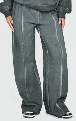 PRETTYLITTLETHING Washed Charcoal Premium Waist Wide Leg Sweatpants