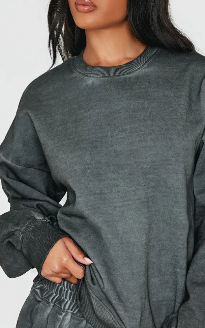PRETTYLITTLETHING Washed Charcoal Premium Oversized Sweatshirt