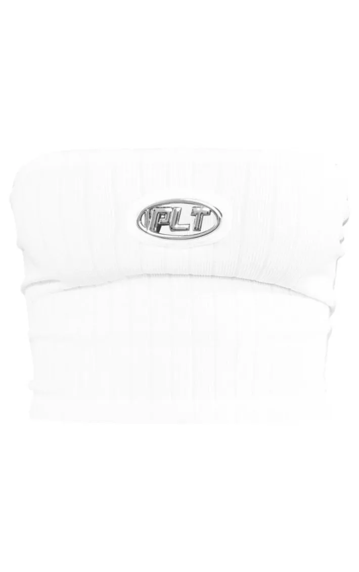 PRETTYLITTLETHING White Metal Badge Snatched Rib Bandeau Top