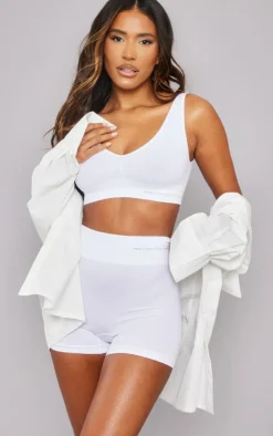 PRETTYLITTLETHING White Seamless Ruched Front V Neck Longline Bra