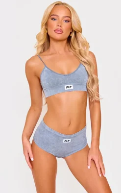 PRETTYLITTLETHING Woven Badge Dark Grey Acid Wash Bralette
