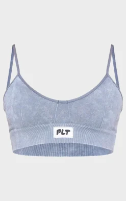 PRETTYLITTLETHING Woven Badge Dark Grey Acid Wash Bralette