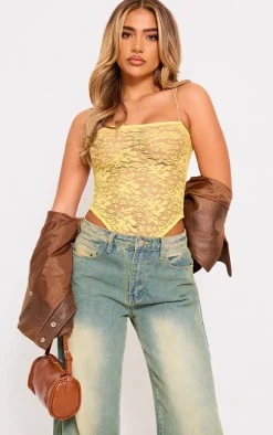 PRETTYLITTLETHING Yellow Lace Spaghetti Strap Bodysuit