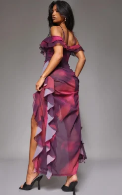 Purple Abstract Cold Shoulder Ruffle Detail Maxi Dress