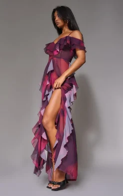 Purple Abstract Cold Shoulder Ruffle Detail Maxi Dress