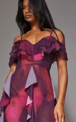 Purple Abstract Cold Shoulder Ruffle Detail Maxi Dress