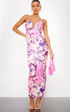 Purple Abstract Plisse Wired Plunge Ruched Bum Maxi Dress