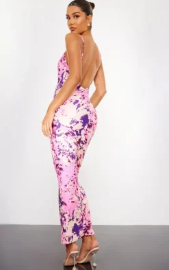 Purple Abstract Plisse Wired Plunge Ruched Bum Maxi Dress