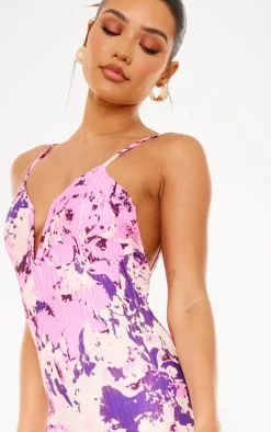 Purple Abstract Plisse Wired Plunge Ruched Bum Maxi Dress